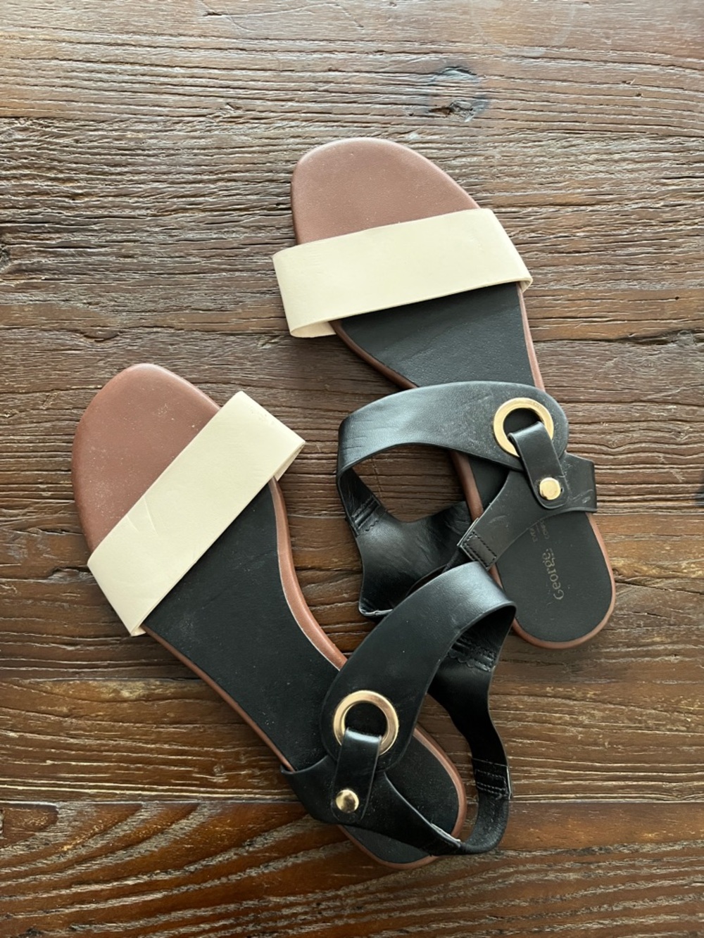 George Two-Tone Slide Sandals in Black and Cream
